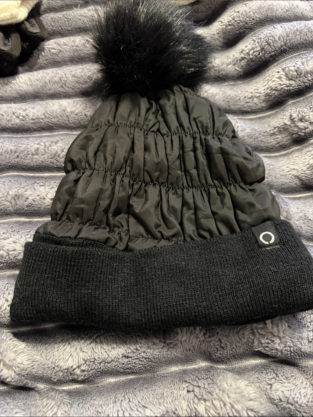 Kids Black Pom Beanie Hat - Quilted Knit Winter Cap